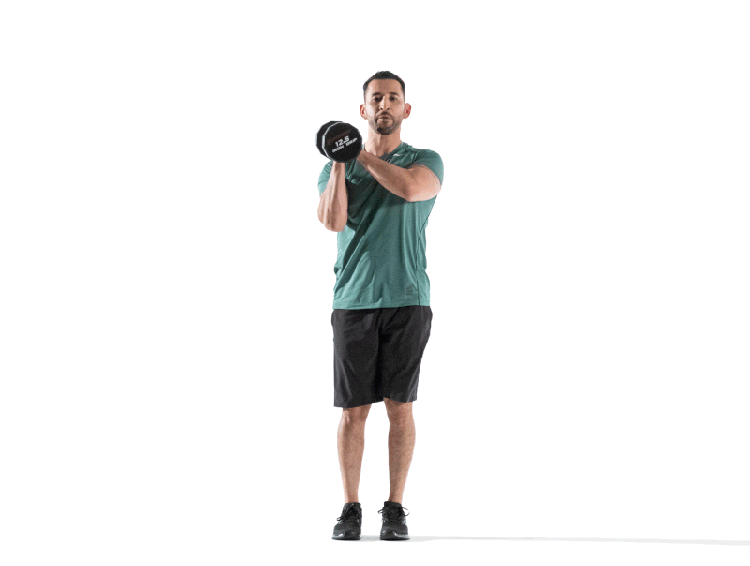 GIF: Man demonstrates Dumbbell Transverse Lunge with Crossover Chop