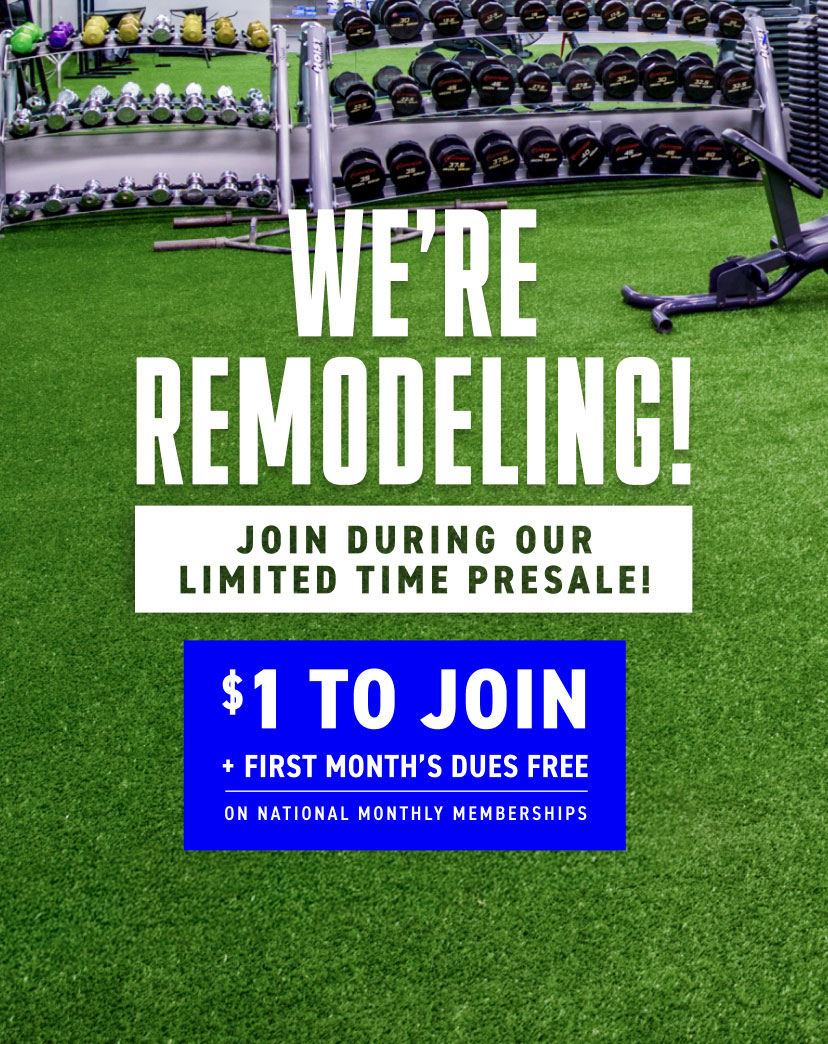 Our Eastridge club is being remodeled! Join with our limited-time special presale offer prior to the Club reopening for $1 to join and your first month's dues free on a National monthly membership.